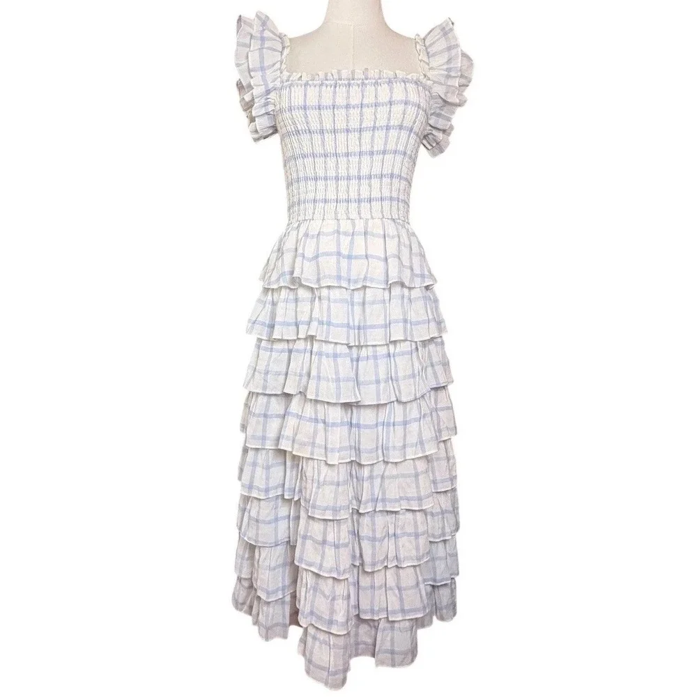 Storia Adelynn Ruffle Midi Dress S Blue White Plaid Smocked Cottagecore Prairie - Picture 6 of 11